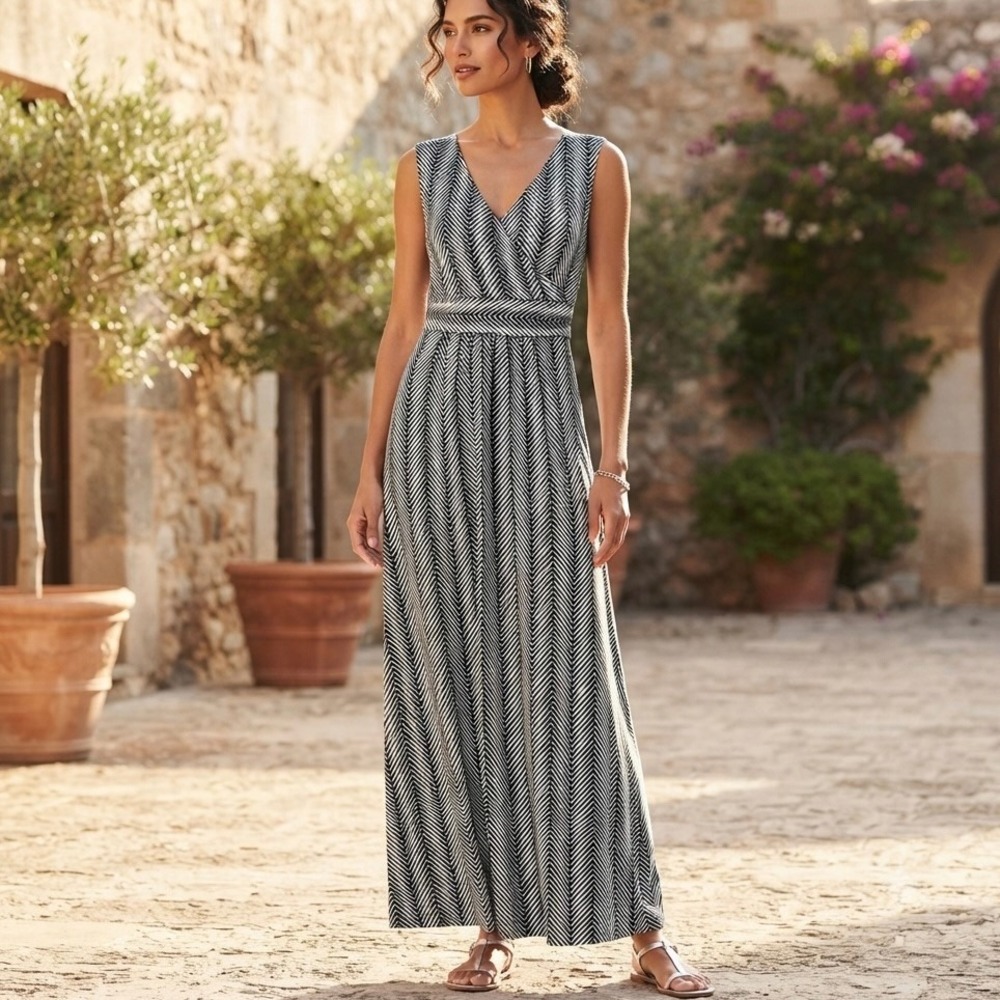 Talbots Women XS Navy Blue White Jersey Chevron Tank Wrap Sleeveless Maxi V-Neck